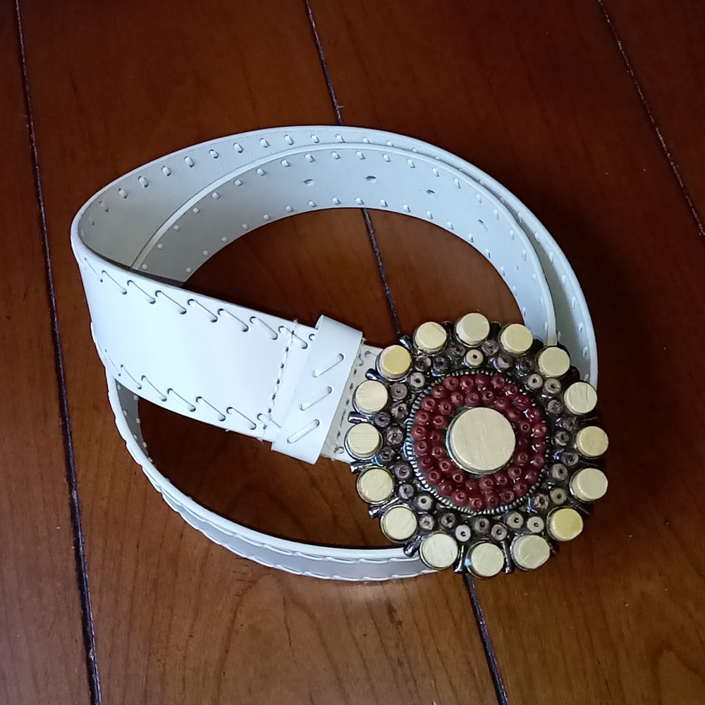 Genuine Bonded Leather Decorative Buckle Hippie Belt 70s Style Size Medium